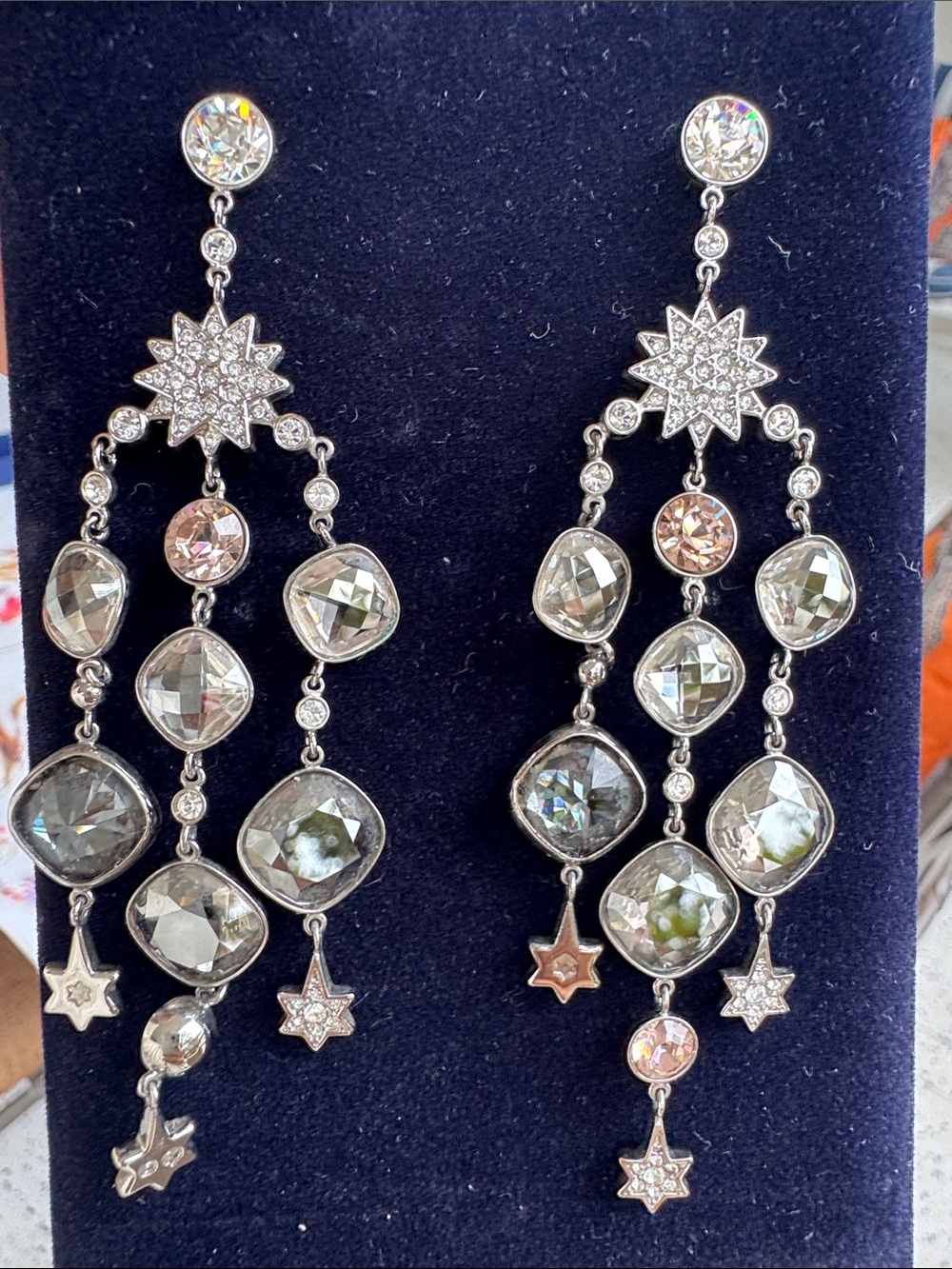 Silver-Tone Star & Drop Chandelier Earrings with Clear and Champagne Stones
